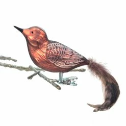 Old German Christmas Burgundy Bronze Glass Bird Clip Ornament With Feathers