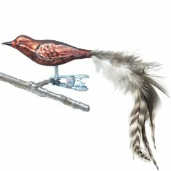 Old German Christmas Bronze Brown Bird German Glass Ornament Clip With Feathers
