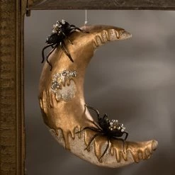 Bethany Lowe New! Dripping Gold Moon With Spiders, Paper Mache