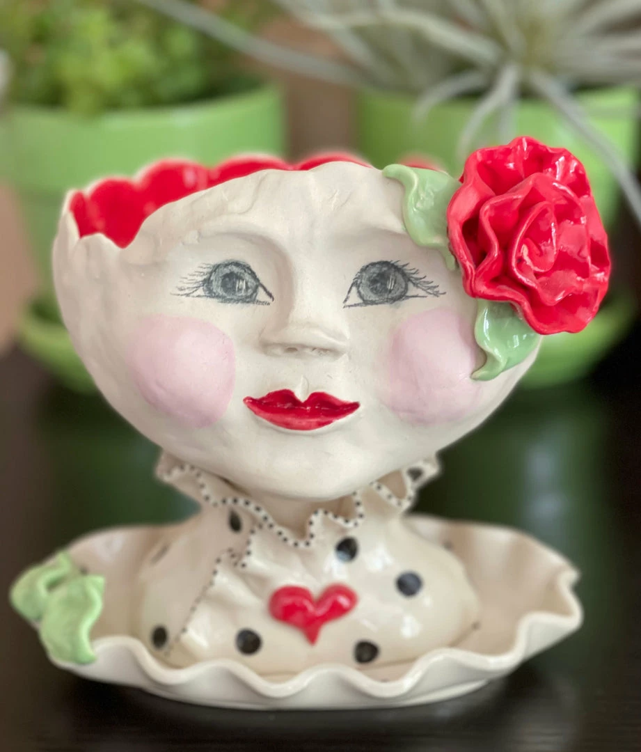 Teyros Lady Head Art Pottery Planter With Tray, Mellow Red 3 Teyros Lady Head Art Pottery Planter With Tray, Mellow Red