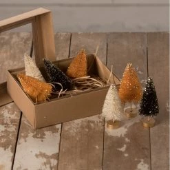 Bethany Lowe New! Mini Halloween Bottle Brush Trees With Gold Glitter