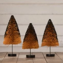 Bethany Lowe Orange Bottle Brush Trees With Black Glitter