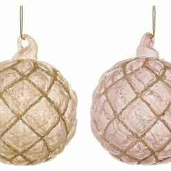 ShiShi Pink & Champange Quilted Glass Ornaments With Glitter, Set Of 4 Christmas