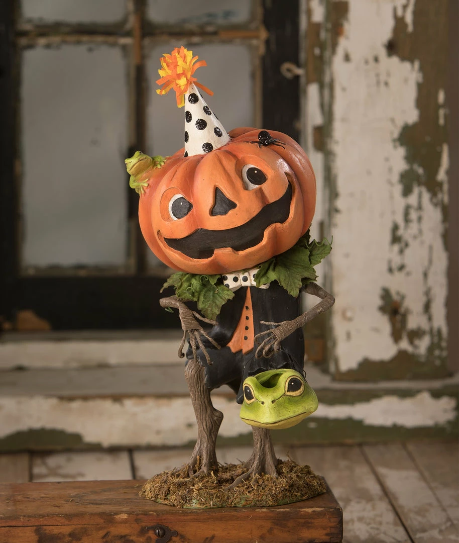 Bethany Lowe Tricks Pumpkin Boy With Frog Bucket New! 3 Bethany Lowe Tricks Pumpkin Boy With Frog Bucket New!