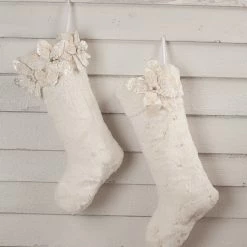 Bethany Lowe Winter White Poinsettia Fur Stockings, Set Of 2
