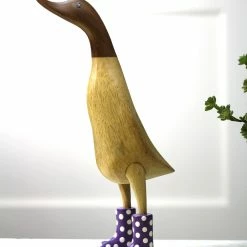 Dcuk New! Wooden Duck With Purple Welly Boots, Large